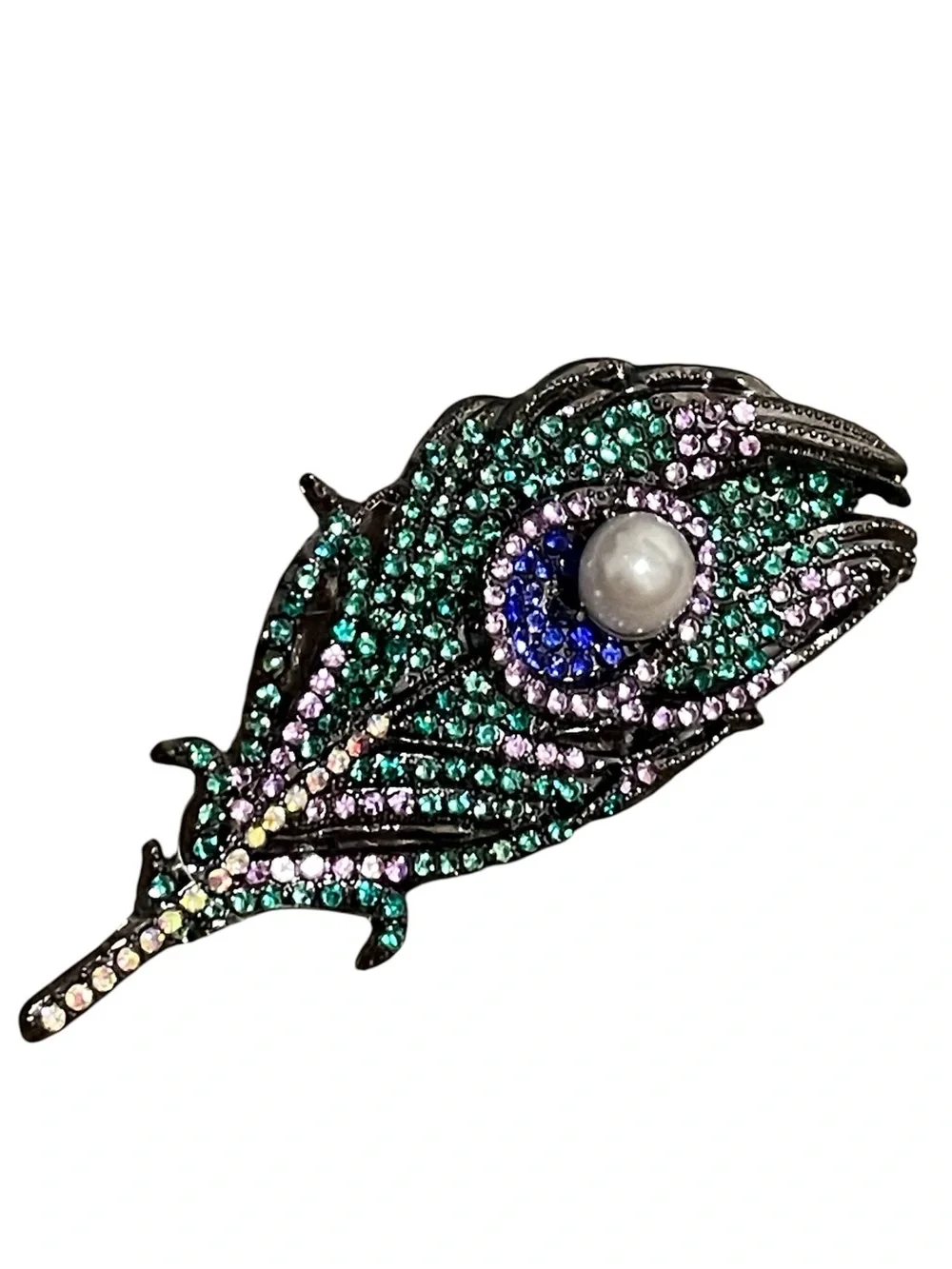 Peacock Feather Crystal Brooch in Green and Blue